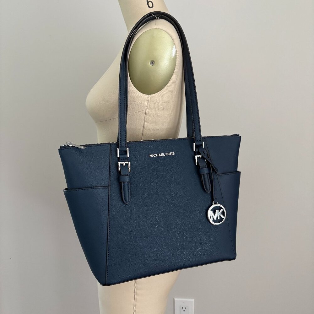 Michael Kors Charlotte Medium Tote Navy Saffiano Leather Top Zipper Travel Chic